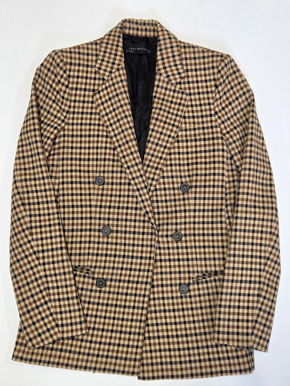 ZARA WOMAN Women's Check Plaid Lined Double-Breasted Blazer Beige Brown XS